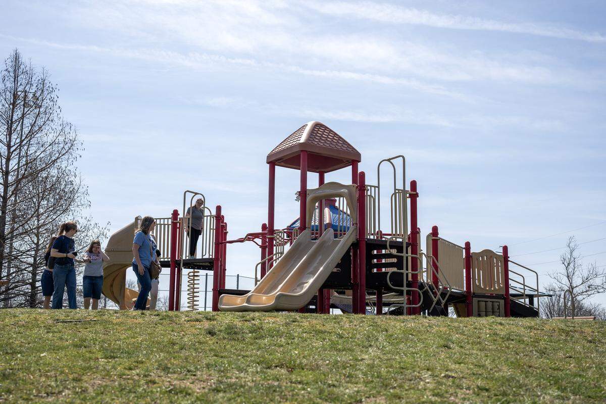 A playground at Two Trails Park is seen on Friday, March 20, 2026, in Olathe.