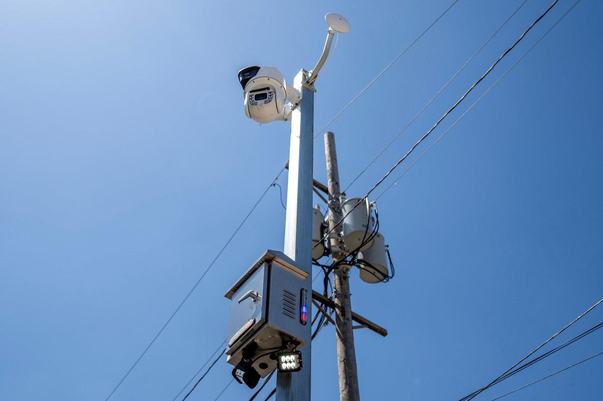 Surveillance equipment with two cameras and a loudspeaker is seen at a public parking lot near West 17th Street and Main Street on Friday, May 9, 2025, in Kansas City.