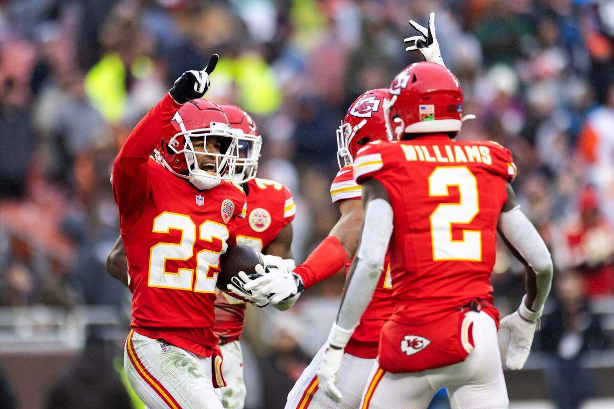 Kansas City Chiefs cornerback Trent McDuffie (No. 22) celebrates his first NFL interception during a Week 15 game against the Cleveland Browns at Huntington Bank Field in Cleveland, Ohio on Sunday, Dec. 15, 2024.
