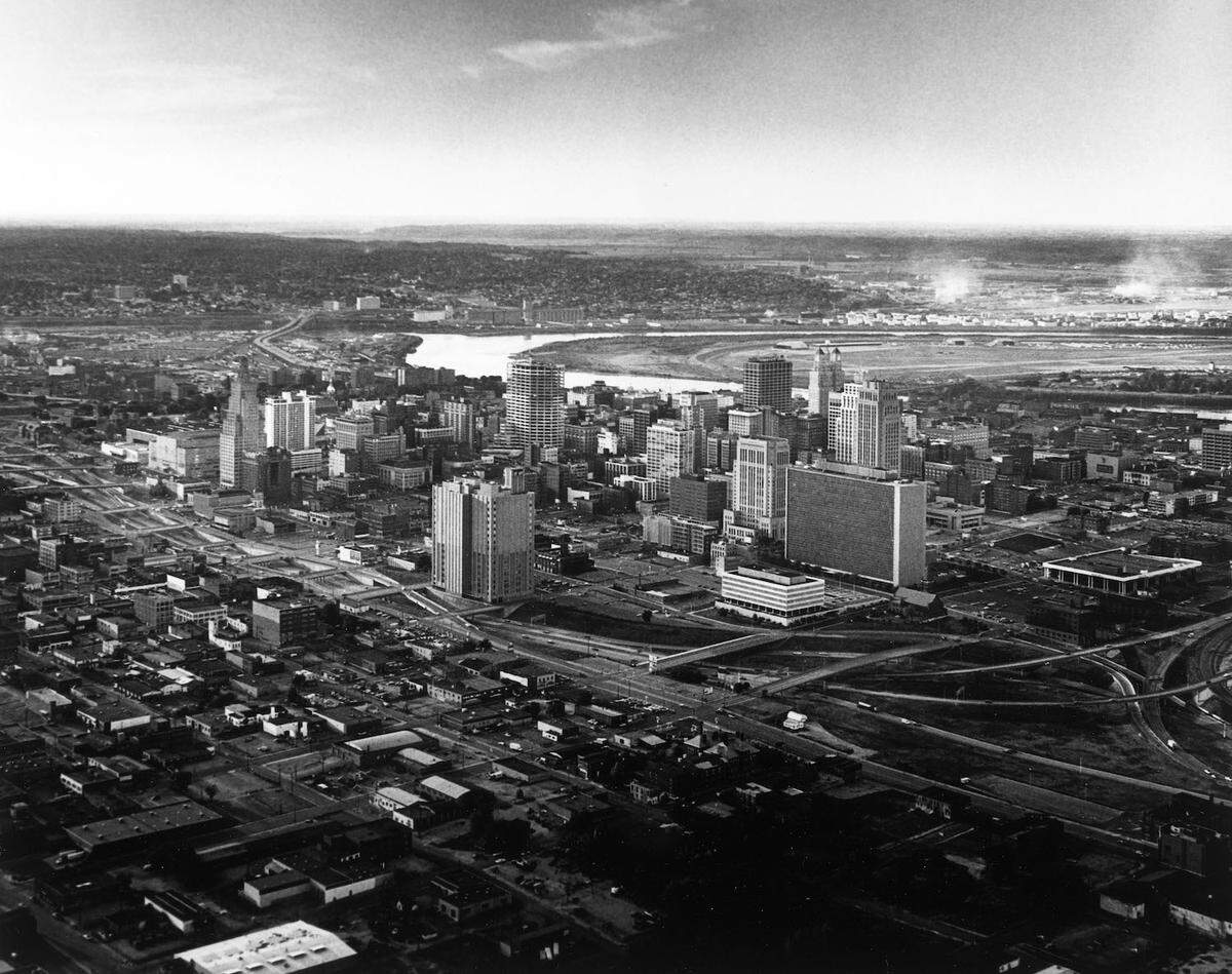 Photo showing downtown the only way many have known it – full of modern buildings and encircled by highways, 1975. 