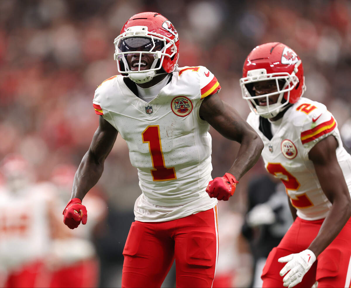 Kansas City Chiefs wide receiver Xavier Worthy (1) yells after catching a pass against the Las Vegas Raiders during a Week 4 NFL game at Allegiant Stadium in Paradise, Nev., Sunday, Oct. 4, 2026.