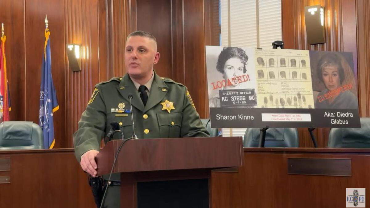 Sgt. Dustin Love with the Jackson County Sheriff’s Office speaks at a January 30, 2024 news conference announcing the closure of a 64-year-old murder case. The suspect, Sharon Kinne, was discovered to have died in Canada while living under a different name.