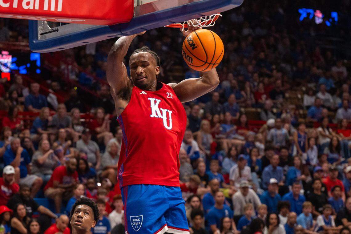 Kansas Jayhawks guard Darryn Peterson dunks the ball during the men's scrimmage at Late Night in the Phog, on Friday, October 17, 2025, in Lawrence.