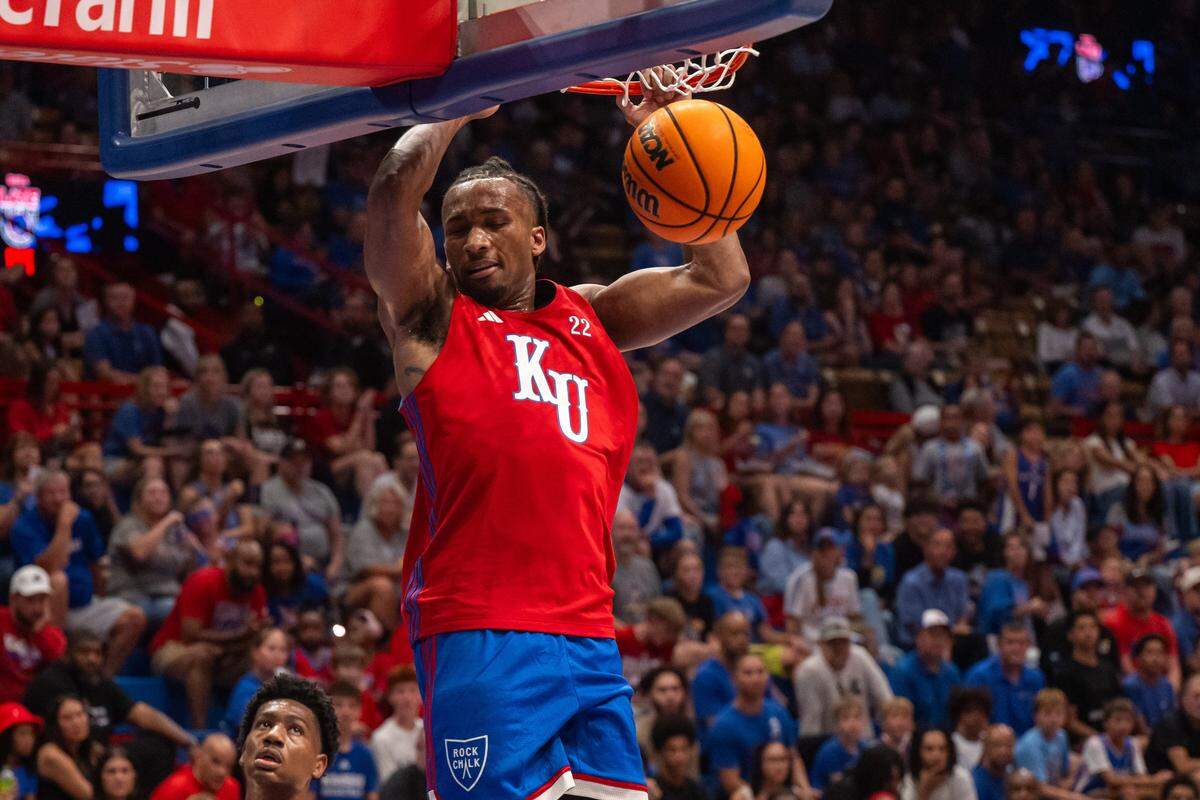 Kansas Jayhawks guard Darryn Peterson dunks the ball during the men's scrimmage at Late Night in the Phog, on Friday, October 17, 2025, in Lawrence.