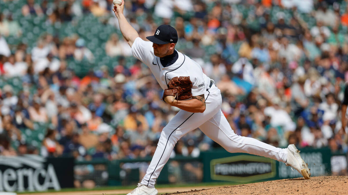 Detroit Tigers relief pitcher Alex Lange (55) pitches in the ninth inning against the Toronto Blue Jays at Comerica Park.
