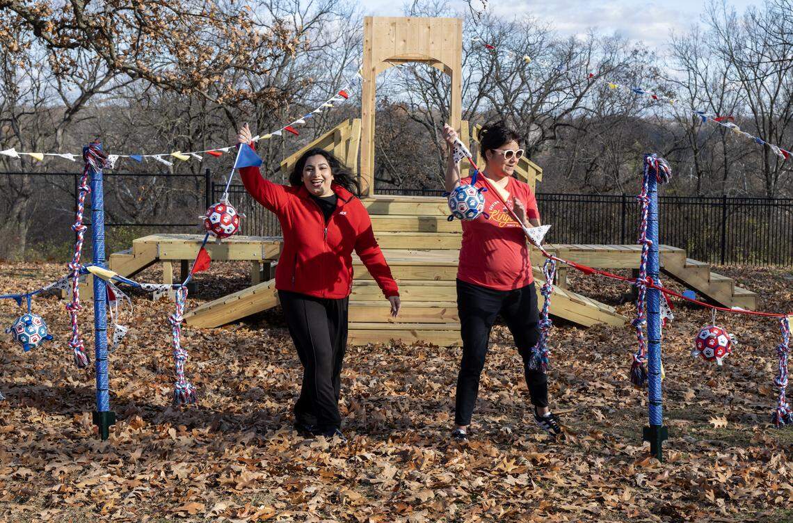Alicia Weber, left, senior director of marketing, Westlake Ace Hardware, and Kate Meghji, chief executive officer of KC Pet Project, held a leash cutting at KC Pet Project's new “Barks & Rec” Playground, a playground for the shelter dogs sponsored by Westlake Ace Hardware, on Tuesday, Nov. 25, 2025. The new playground is at KC Pet Project's Swope Park campus.