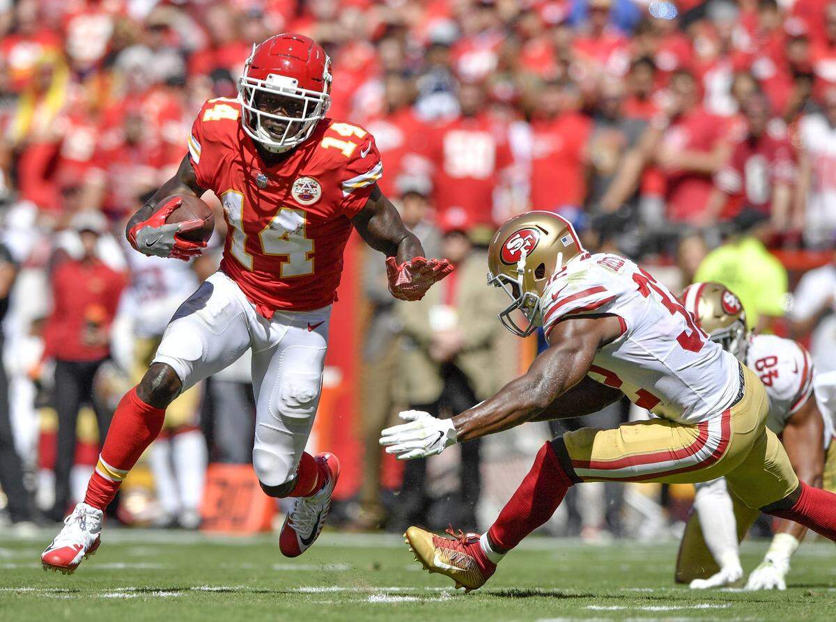 Kansas City Chiefs wide receiver Sammy Watkins cruised toward the end zone on a 12-yard reception late in the second quarter against the San Francisco 49ers in Kansas City. The pass from from Chiefs quarterback Patrick Mahomes was his 13th of the 2018 regular season.