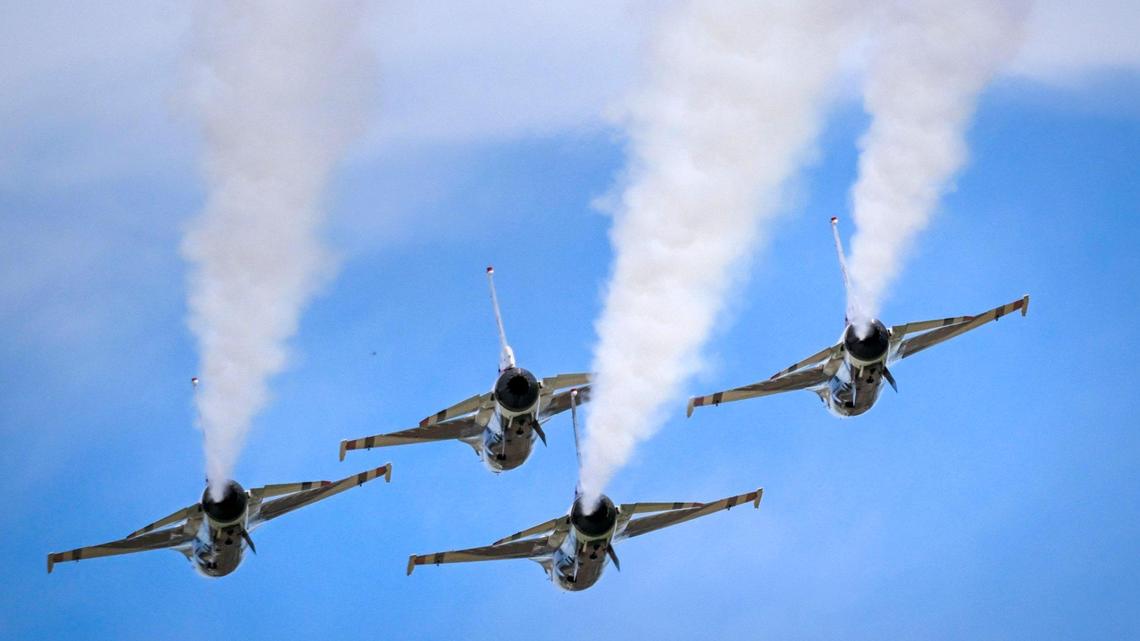 Vapor trails from the U.S. Air Force Thunderbirds as they arrive from Las Vegas at the New Century AirCenter on Thursday, Sept. 1, 2022, in Gardner, Kansas, for the Garmin KC Air Show, which runs Saturday and Sunday. The show features the Thunderbirds, who are on hand to celebrate the U.S. Air Force’s 75th anniversary, and their 69th anniversary. The elite flight squadron will fly in formation at speeds from 150 to 700 mph and at times will be only 18 inches apart.