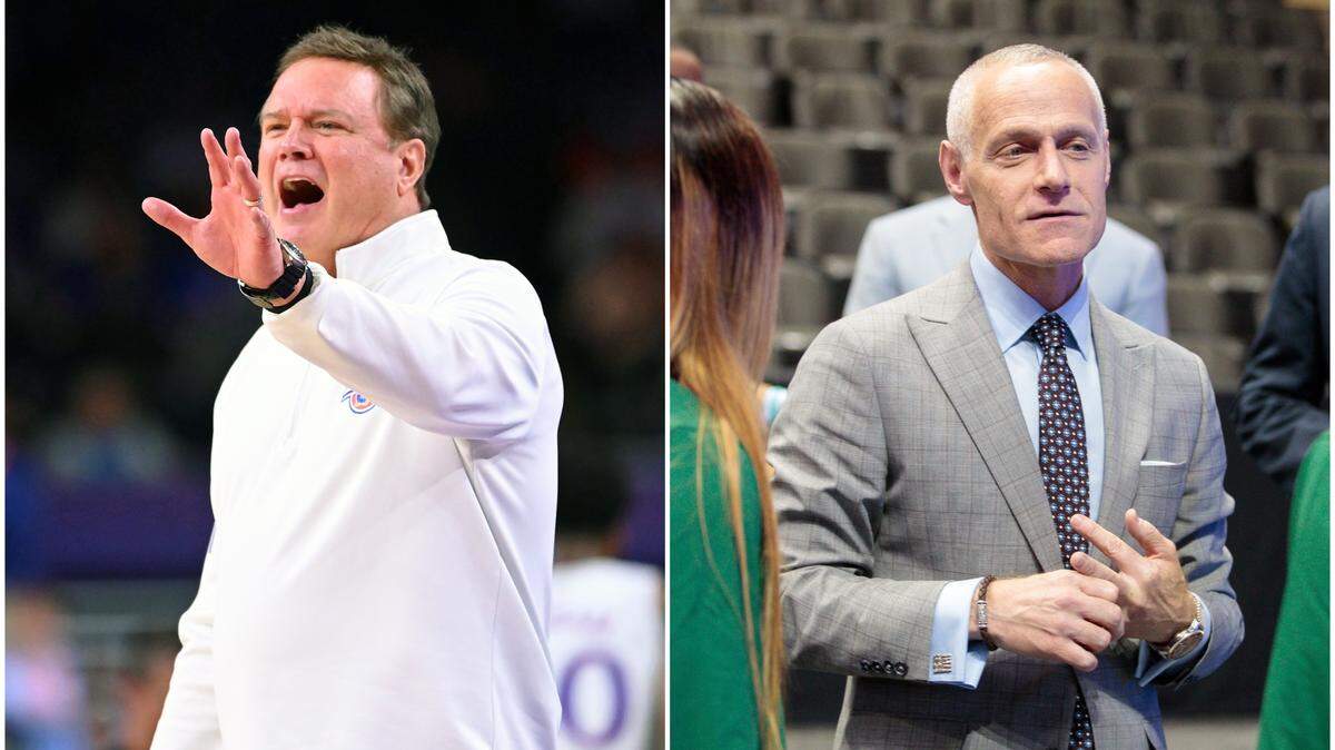 KU coach Bill Self (left) and the Kansas Jayhawks were chosen to play a game in Mexico by Big 12 commissioner Brett Yormark (right).
