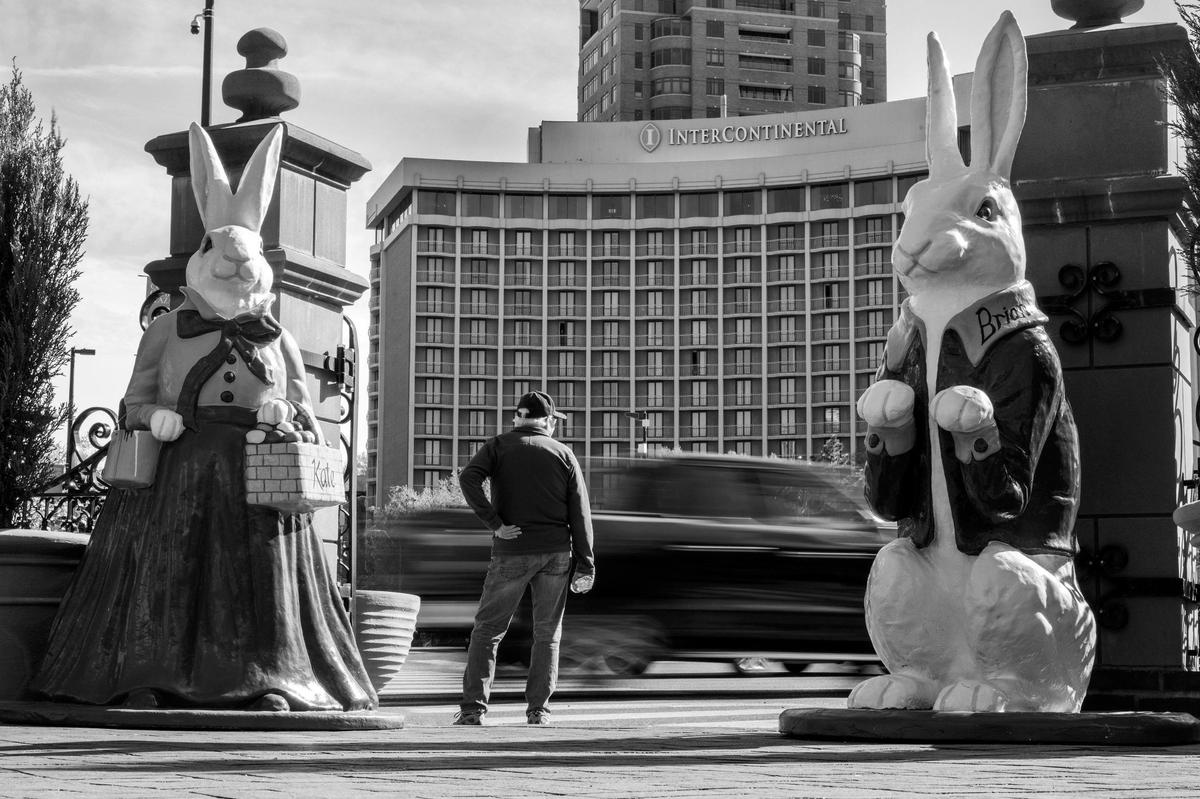 Kate and Brian, a pair of Easter bunny sculptures, greet visitors outside Seasons 52 along Ward Parkway at the Country Club Plaza on Monday, April 14, 2025.