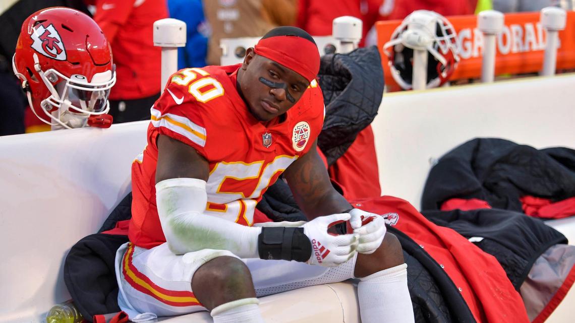 Kansas City Chiefs middle linebacker Willie Gay Jr. sits on the bench after the Chiefs lost the AFC Championship game to the Cincinnati Bengals Sunday at Arrowhead Stadium.