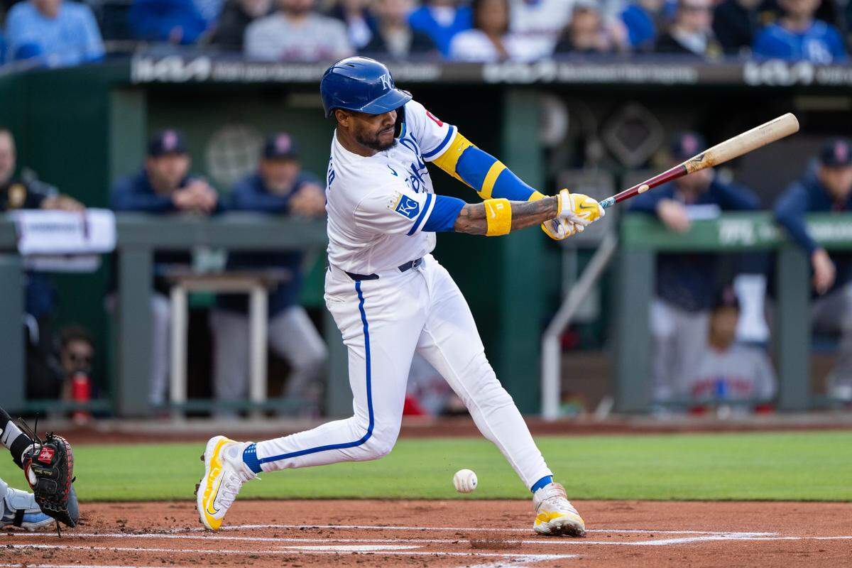 Kansas City Royals third baseman Maikel Garcia bats during a game against the Boston Red Sox on Wednesday, May 20, 2026, at Kauffman Stadium.