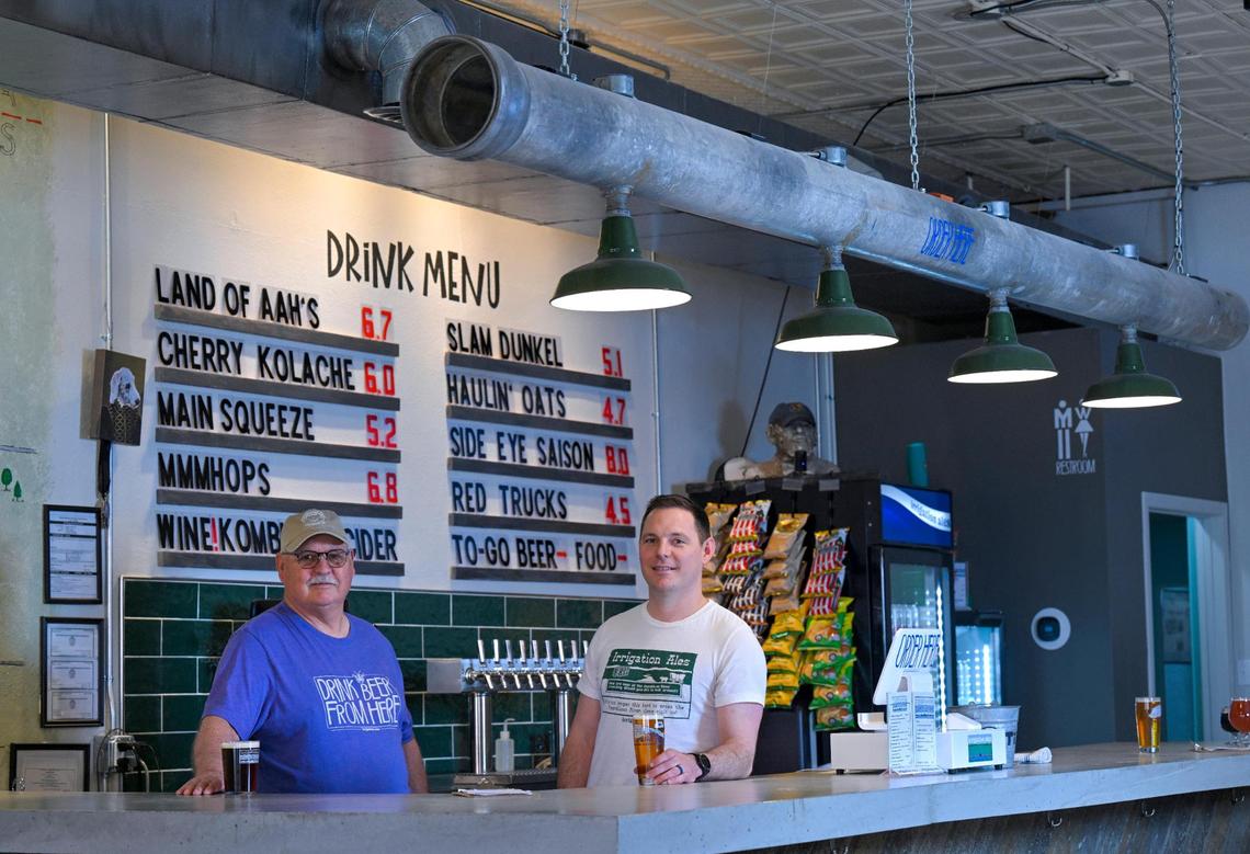 Bill Mahin Jr., left, was a 30-year employee of the Kansas Bostwick Irrigation District, in and around the Kansas towns of Courtland and Scandia. He is now a co-brewer at Irrigation Ales, the brewery his son, Luke, opened last year in downtown Courtland.