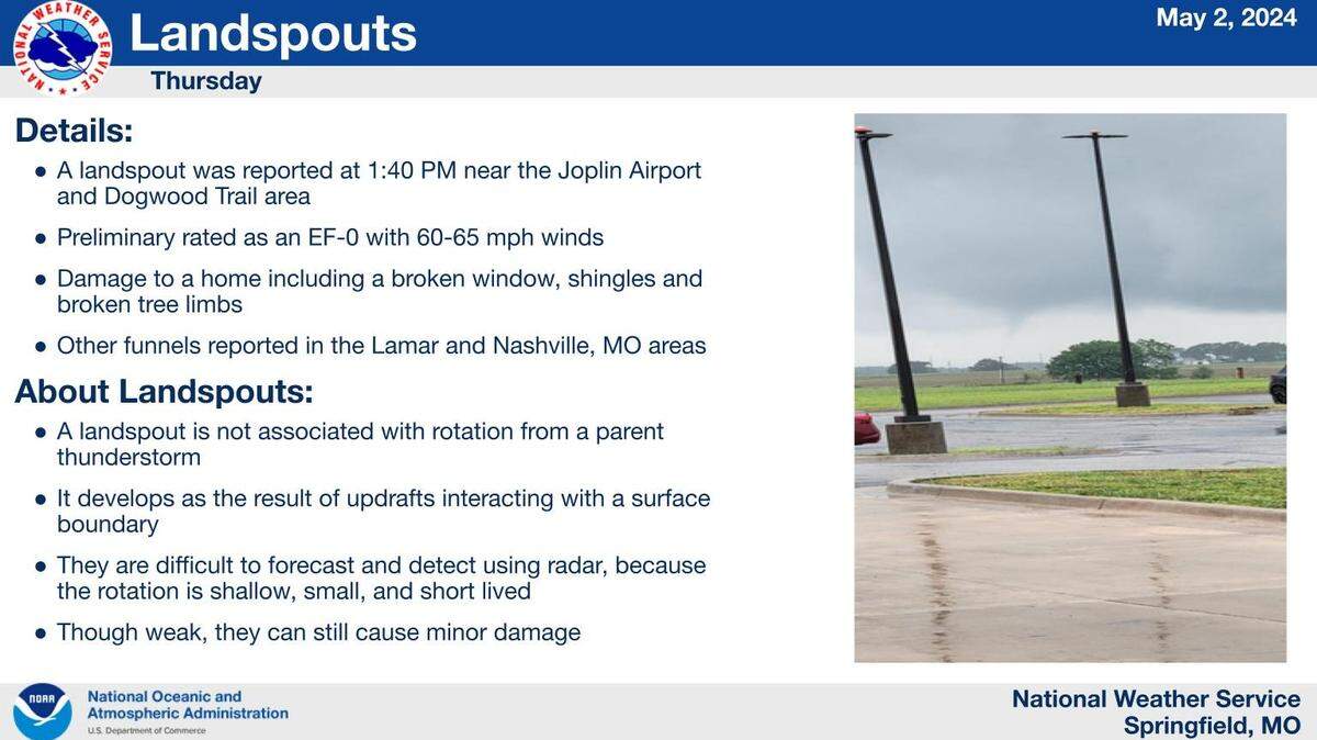 A tornado was reported in the area of Joplin Thursday afternoon.