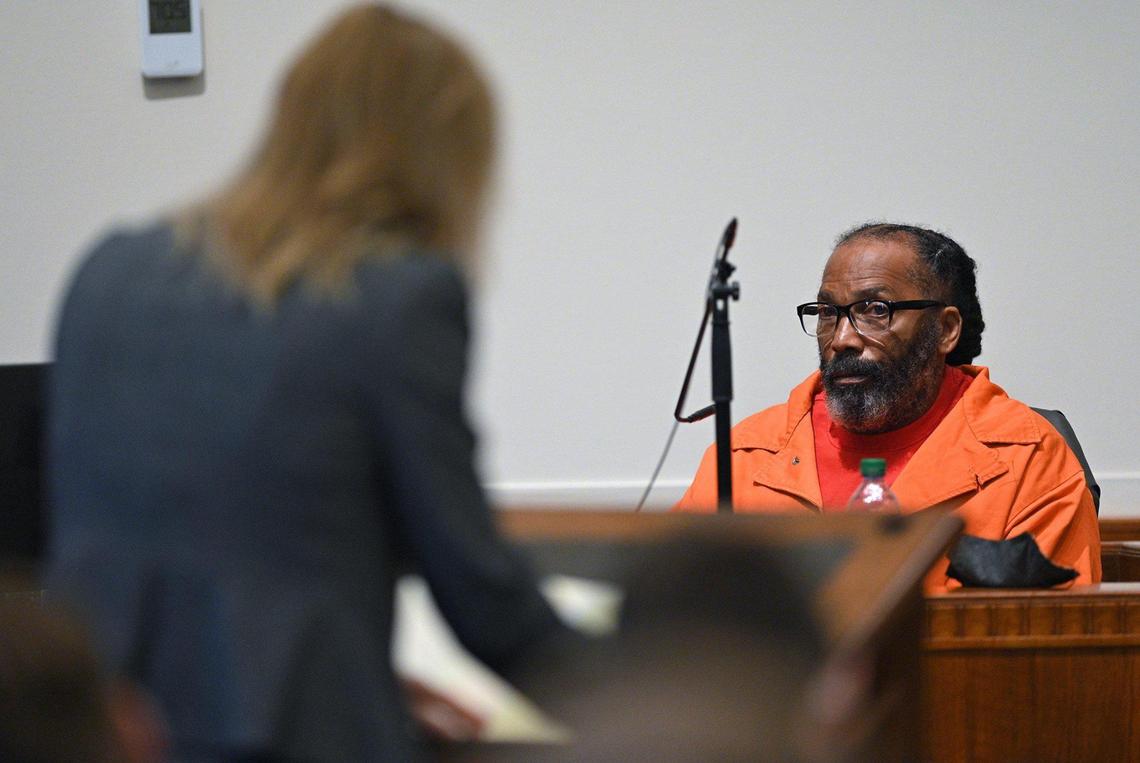 Jackson County Prosecutor Jean Peters Baker questions Kevin Strickland during an evidentiary hearing regarding Strickland’s innocence on Monday, Nov. 8, 2021 in Jackson County Circuit Court in Kansas City. Many people, including Peters Baker, believe Strickland was wrongly convicted of a triple murder in 1978. Strickland has been incarcerated for the past 43 years.