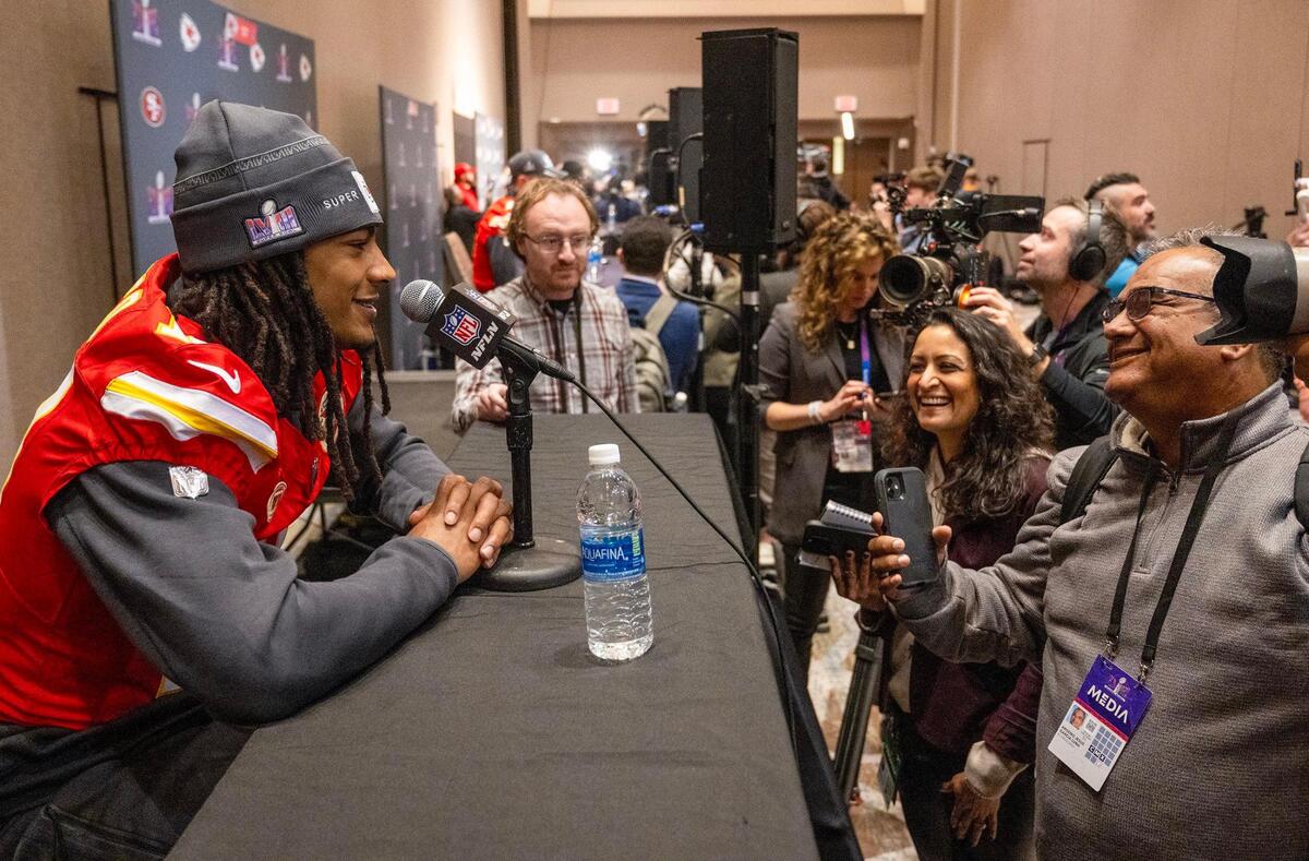 Kansas City Chiefs running back Isiah Pacheco answers questions during media availability at the team hotel in Henderson, Nevada, on Thursday, Feb. 8, 2024, before Sunday’s Super Bowl LVIII.