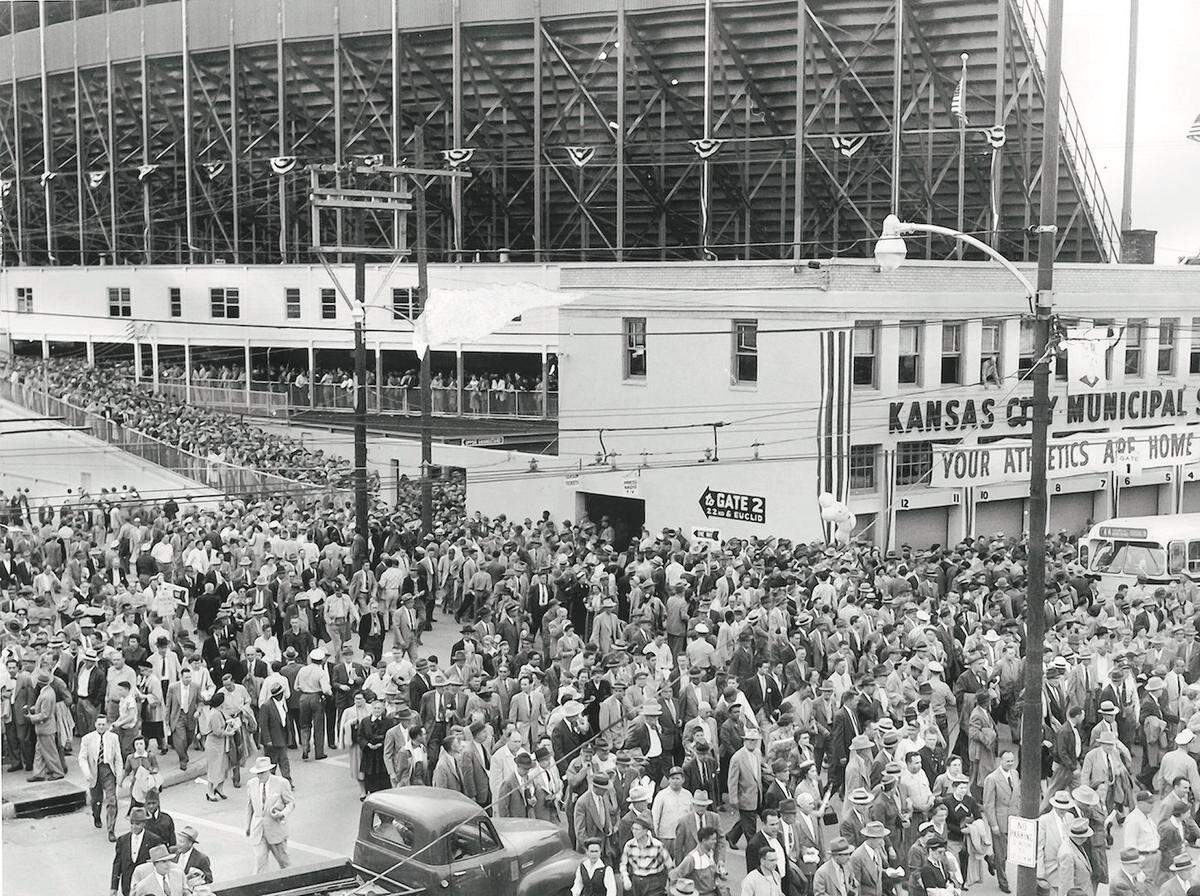 More than 32,000 fans turned out on April 12, 1955, to see the Kansas City Athletics in their first game here. The ball team had moved to Kansas City from Philadelphia. President Harry Truman, two years out of office, threw out the first pitch. This was the scene at Municipal Stadium at 4:55 p.m., 15 minutes after the game ended (the A’s beat the Detroit Tigers).