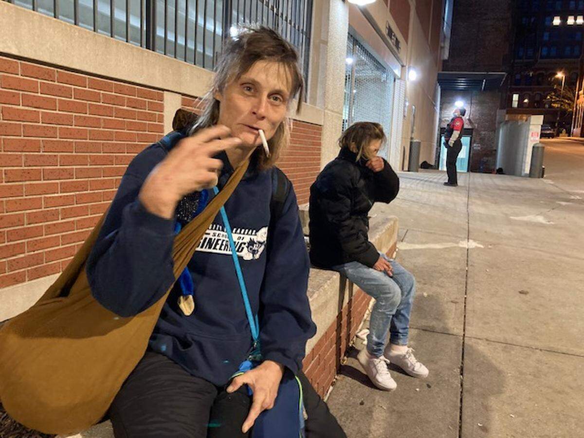 Carolyn Hebeler known on the streets as Mama Ci Ci, has been homeless on-and-off for 30 years, waited for breakfast at Morning Glory Ministries, run by the Catholic Diocese of Kansas City-St. Joseph at 9th and Baltimore. 