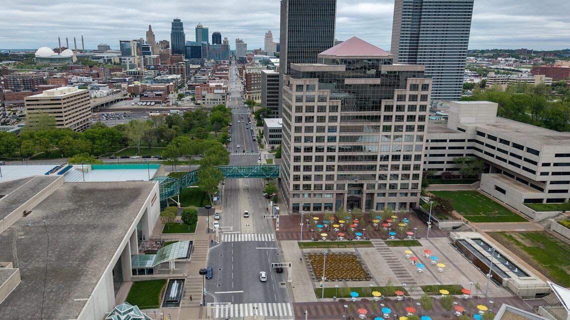 View of Crown Center, where the Kansas City Royals announced Wednesday, April 22, 2026, that they will building their new stadium in the 85-acre mixed used shopping district in a joint partnership Hallmark Cards.