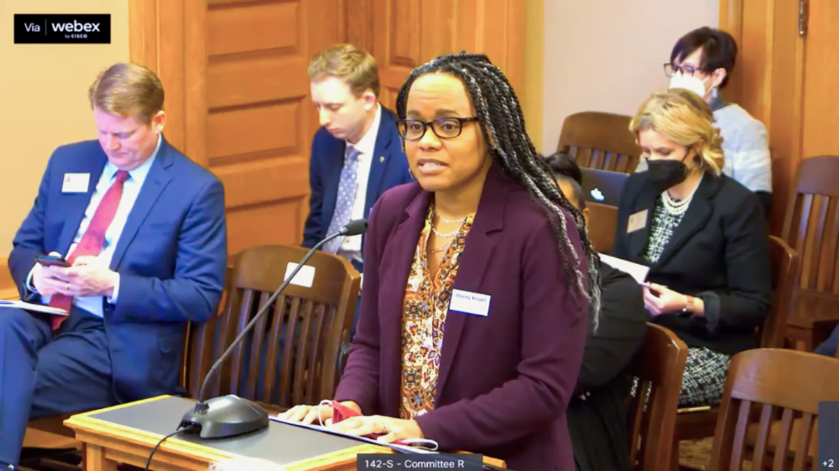 Stacey Knoell, executive director of the Kansas African American Affairs Commission, testifies at a state legislative hearing in Topeka Thursday on the need for more reliable data about maternal mortality in Kansas.