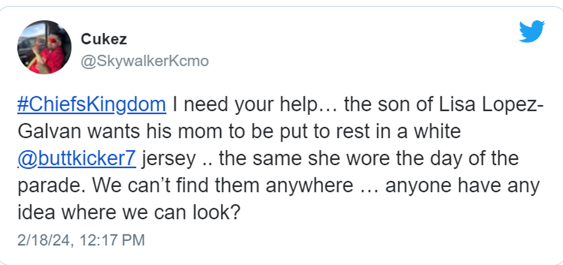 In a now-deleted post on X, formerly known as Twitter, a family member of Lisa Lopez-Galvan asks Chiefs fans for help on where to find a white Harrison Butker jersey. It was the jersey Lopez-Galvan wore to the Chiefs’ Super Bowl victory parade Wednesday