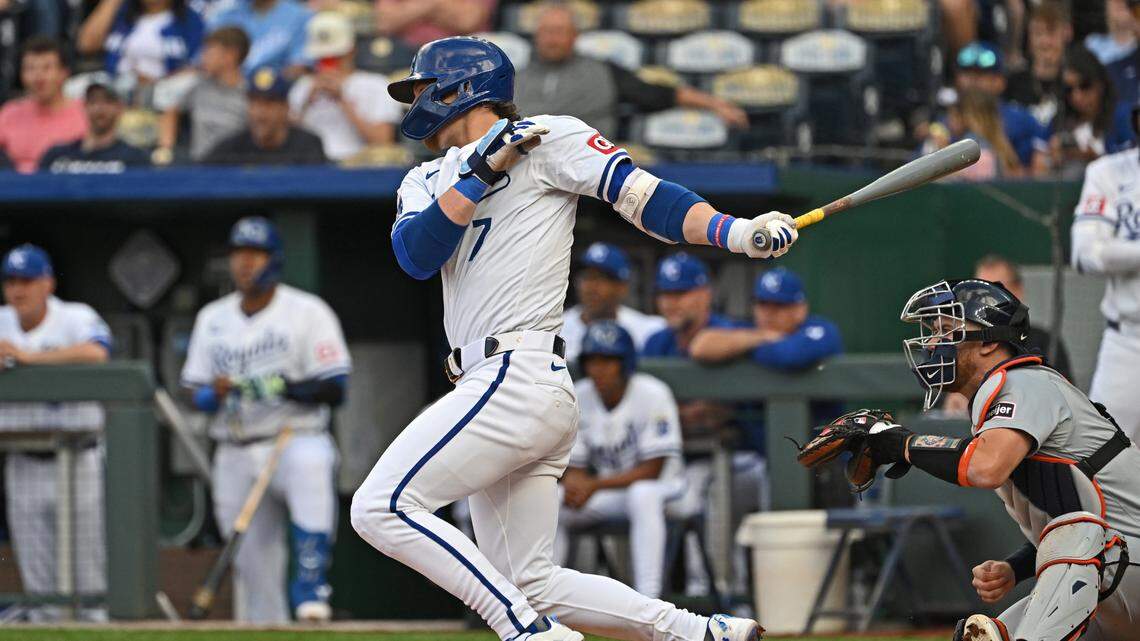 Kansas City Royals shortstop Bobby Witt Jr. (7) hits an RBI single in the first inning against the Detroit Tigers at Kauffman Stadium on May 21, 2024.