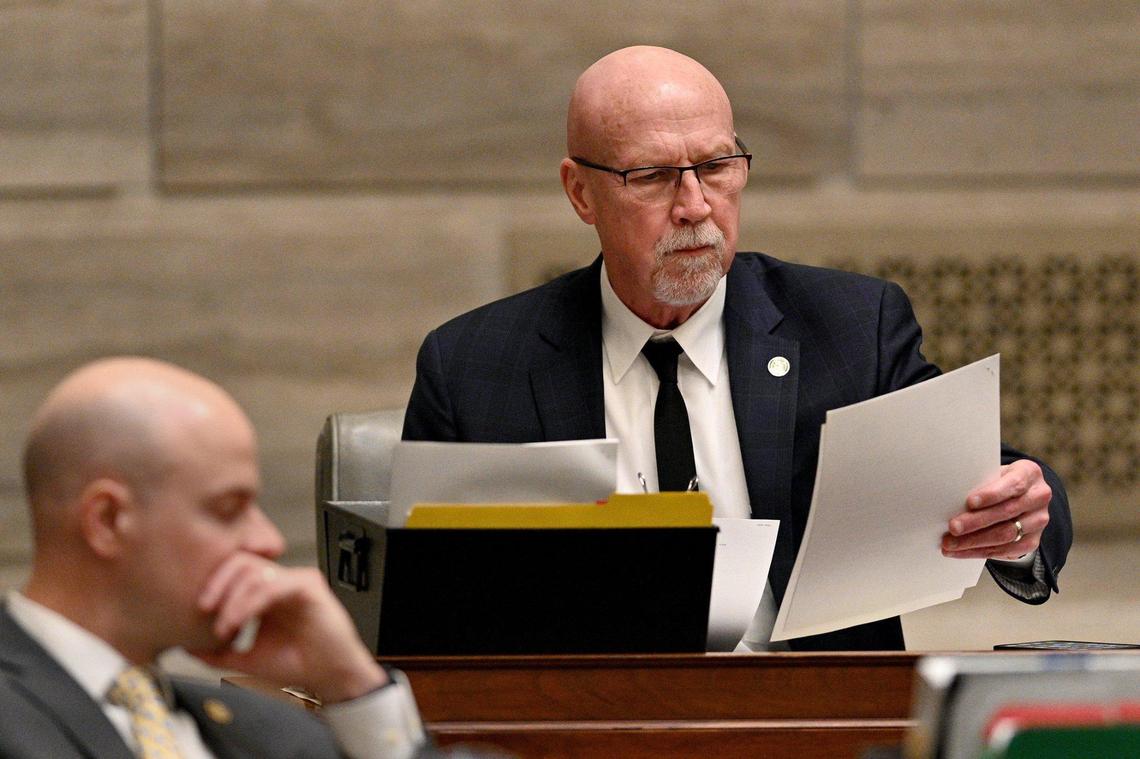 Sen. Mike Cierpiot, R-Lee’s Summit, reads a bill on the Senate floor. Cierpiot delivered a blistering speech about a consultant close to the Conservative Caucus this month during a weeklong standoff between hardliners and the rest of the GOP caucus.