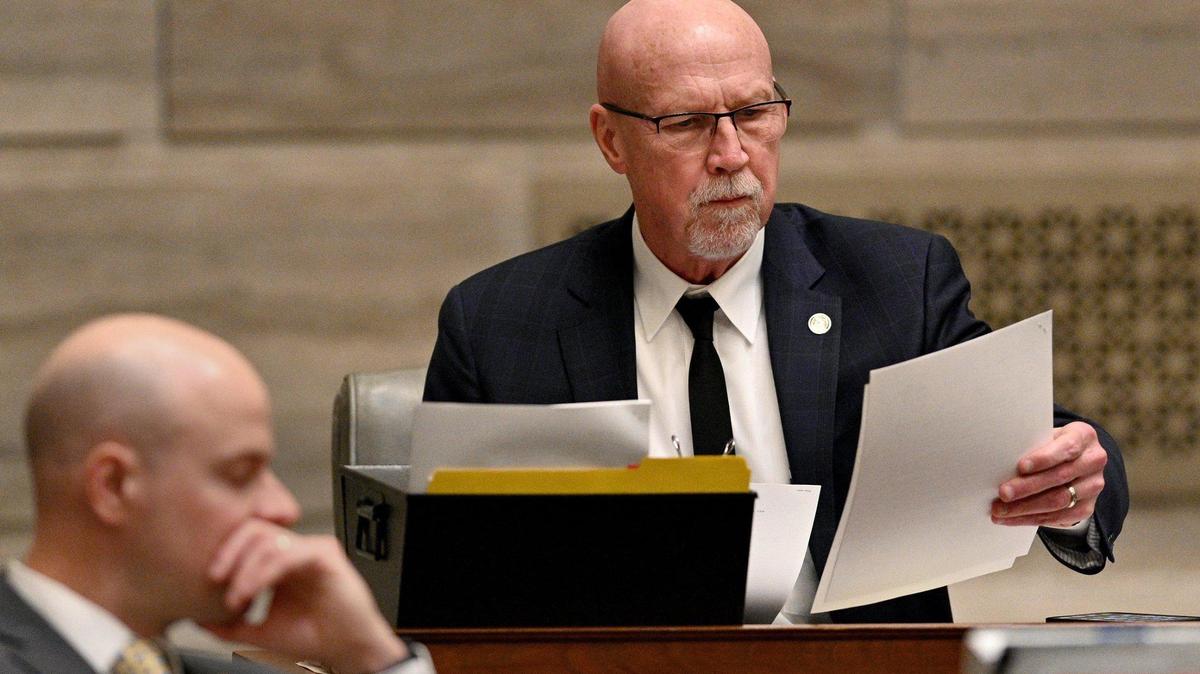 Sen. Mike Cierpiot, R-Lee’s Summit, reads a bill Missouri during the afternoon session as Missouri senators convene at the state capitol in Jefferson City Wednesday, Feb. 23, 2022.