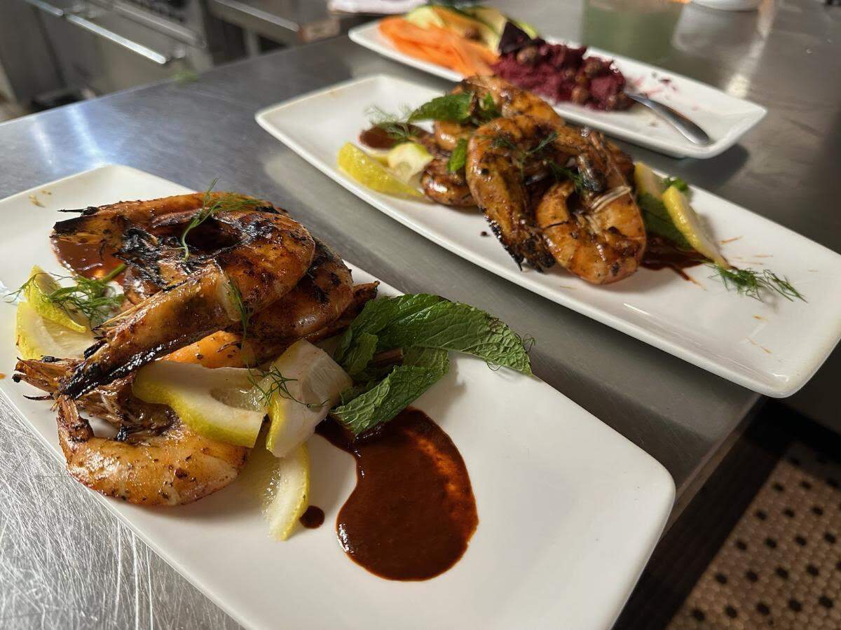 Bijou served harissa shrimp with walnut pistou.