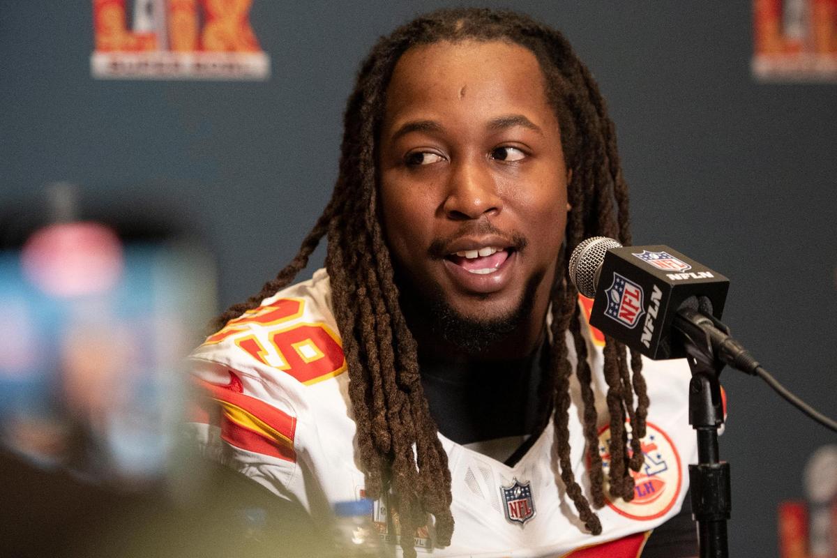 Kansas City Chiefs running back Kareem Hunt (29) takes questions from the press during a team media availability at New Orleans Marriott in New Orleans on Tuesday, Feb. 4, 2025.