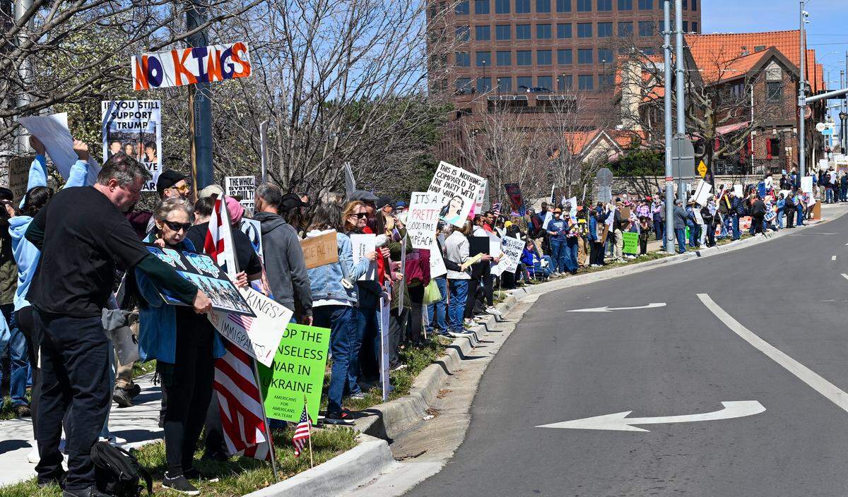 Protesters gathered in Mill Creek Park near the Country Club Plaza on Saturday, March 28, 2026, for a No Kings protest against the Trump administration. It's the third round of No Kings protests that have swept the nation over the past year.