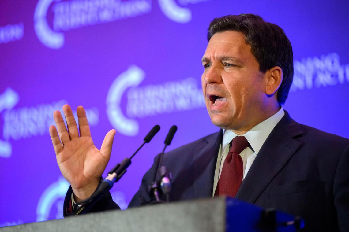 Florida Gov. Ron DeSantis speaks during the Turning Point Action “Unite & Win” rally Sunday in Olathe.