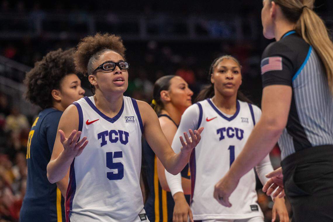 TCU Horned Frogs guard Olivia Miles (5) argues with the referee in the first half of the Big 12 Women's Basketball Tournament Final on Sunday, March 8, 2026, at T-Mobile Center. The West Virginia Mountaineers won the game 62-53.
