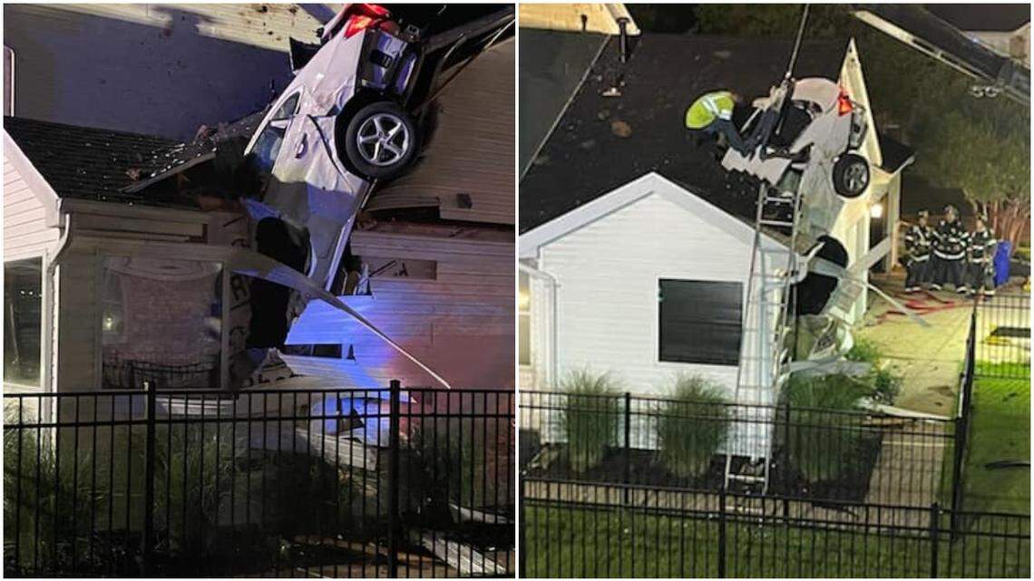 Photos shared by the Eureka Fire Protection District show a car through the roof of a home.