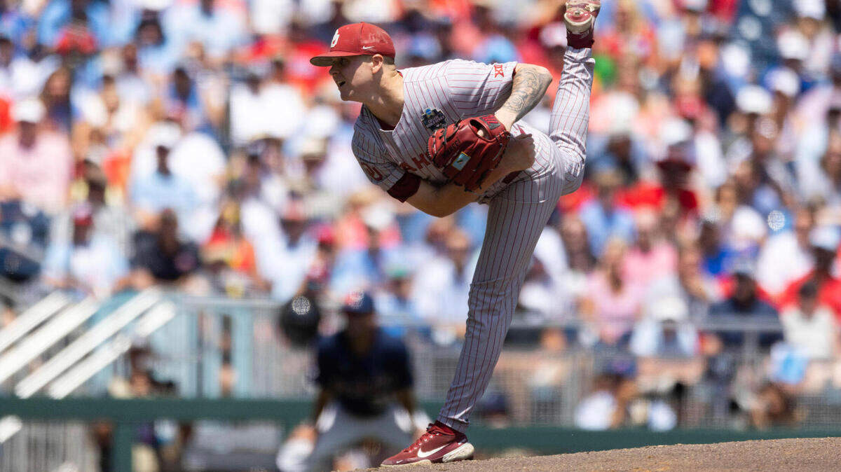 Oklahoma starting pitcher Cade Horton throws against Mississippi in the first inning in Game 2 of the NCAA College World Series baseball finals, Sunday, June 26, 2022, in Omaha, Neb. (AP Photo/Rebecca S. Gratz)