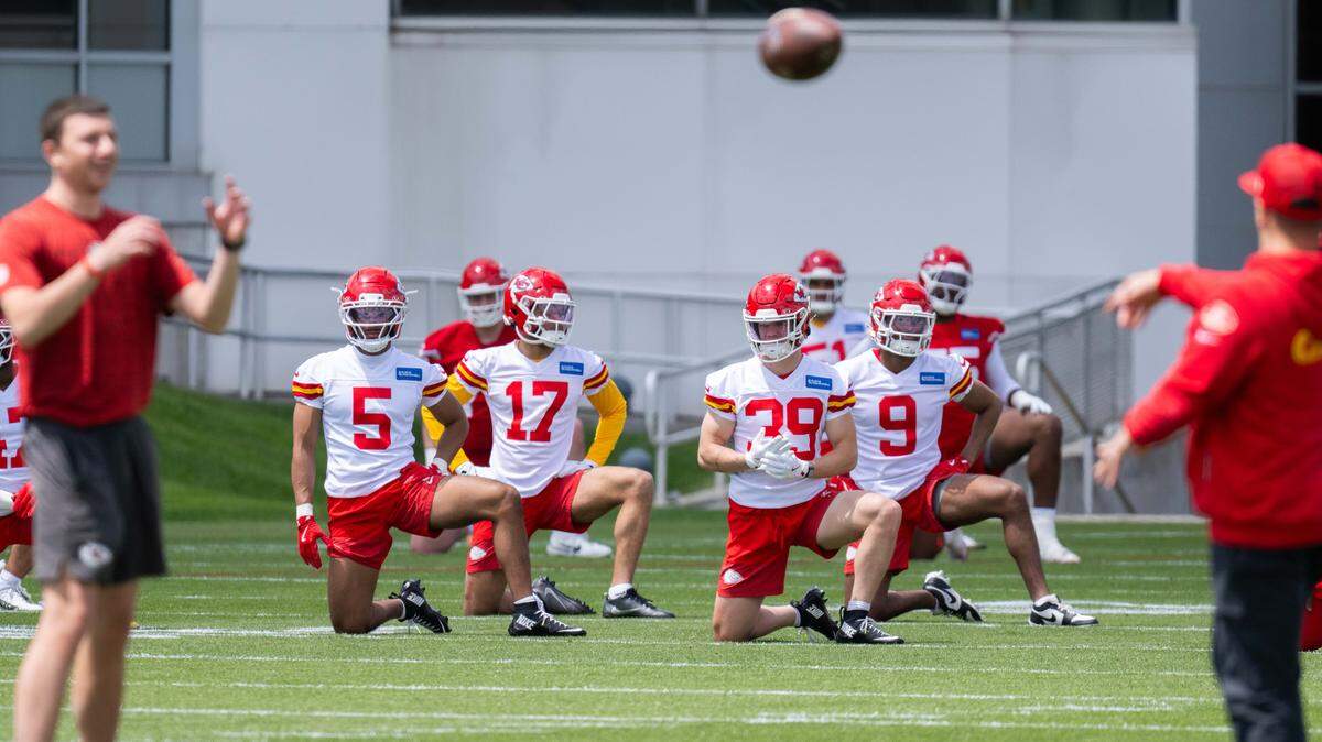 Kansas City Chiefs rookies and free agents warm up and stretch during Chiefs mini camp on Friday, May 1, 2026.