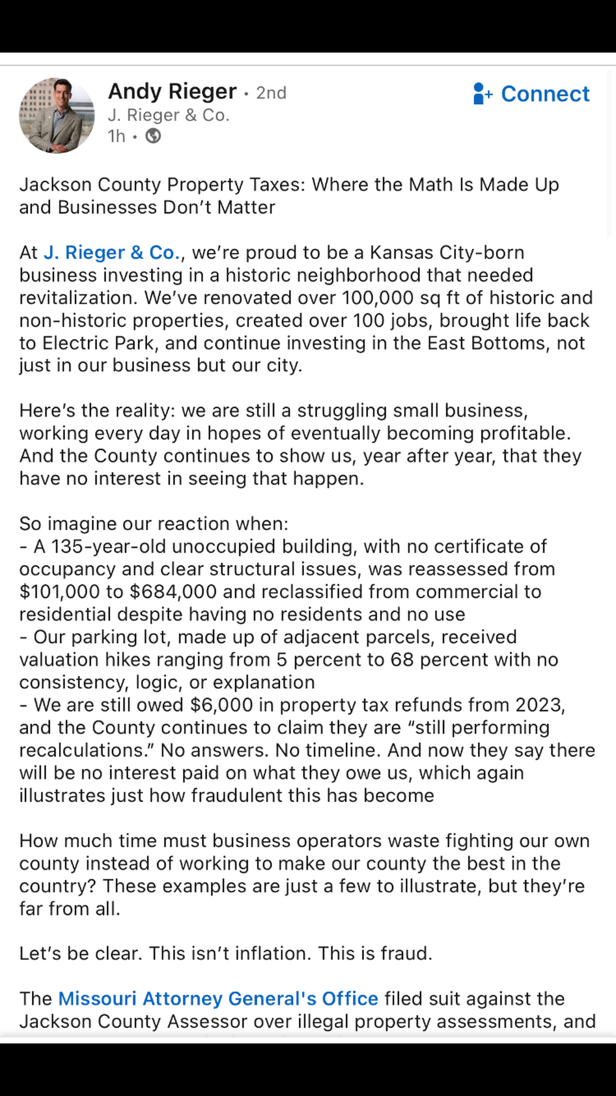 Andy Rieger, co-founder of J. Rieger & Co. distillery in the Kansas City East Bottoms, rails on LinkedIn against skyrocketing county tax valuations.