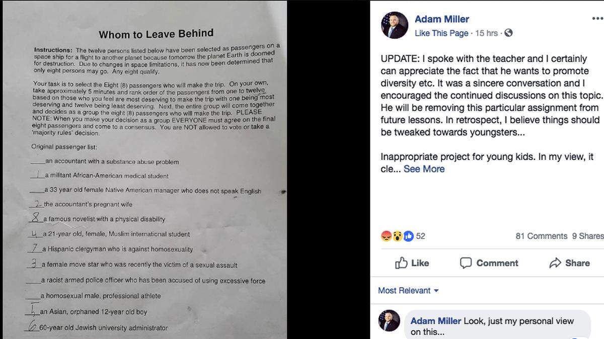 A Cuyahoga Falls, Ohio middle-school teacher gave students an assignment that asked them to choose ‘whom to leave behind’ on a doomed Earth. Nearly half of the choices referenced race.