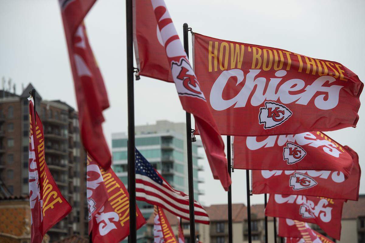 Kansas City Chiefs flags fly on the Sister Cities International Bridge over Brush Creek on the Country Club Plaza on Friday, Sept. 5, 2024, in Kansas City. The flags were flying to celebrate Red Friday and the season opening game in Brazil between the Chiefs and the Los Angeles Chargers.