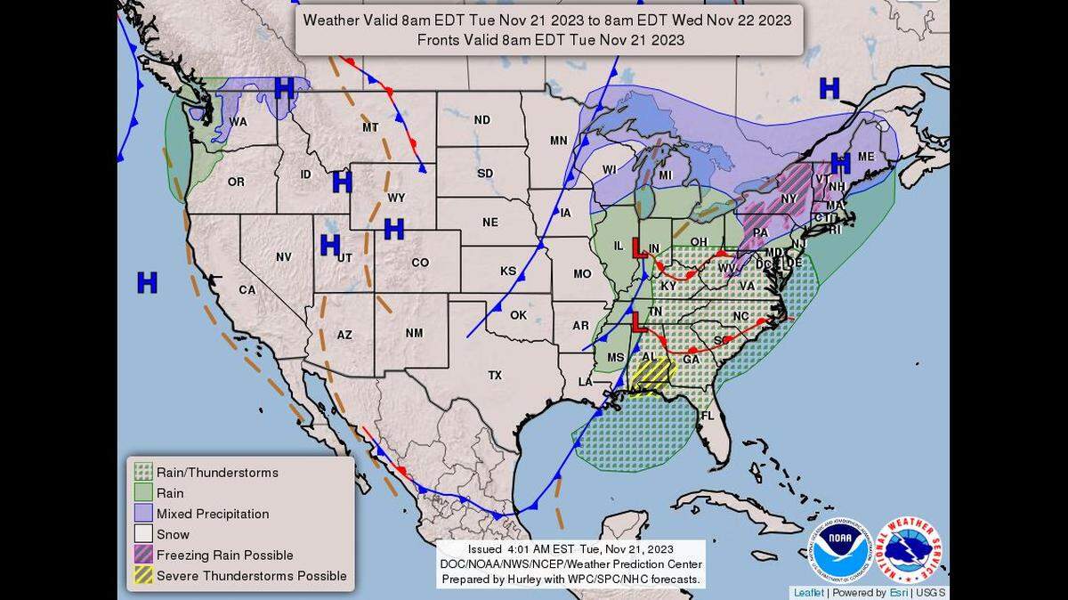 Mainly cloudy skies are expected Tuesday in the Kansas City area as drier conditions are expected through Thanksgiving, according to the National Weather Service. Temperatures will climb into mid- to upper 40s in the afternoon before dipping into the upper 20s overnight.