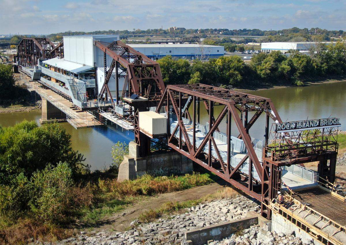 The Rock Island Bridge is being redeveloped over the Kansas River on Thursday, October 30, 2025, in Kansas City. Developers are turning the historic span into a public hub with restaurants, event spaces, and a park above the water. After many construction delays, the opening is set for 2025.
