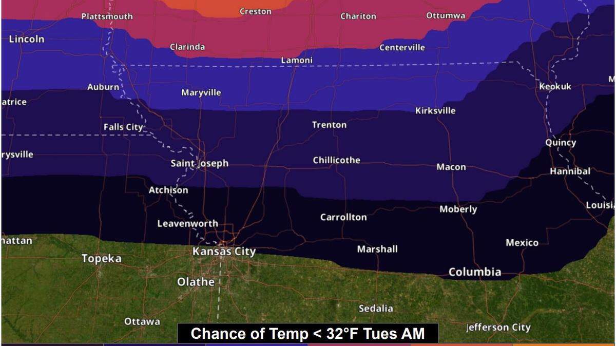 Morning temperatures are expected to plunge below freezing in parts of the Kansas City area next week, bringing widespread frost to the region, according to the National Weather Service. Areas north of Interstate 70 have the higher chances of seeing temperatures dip below 32 degrees.