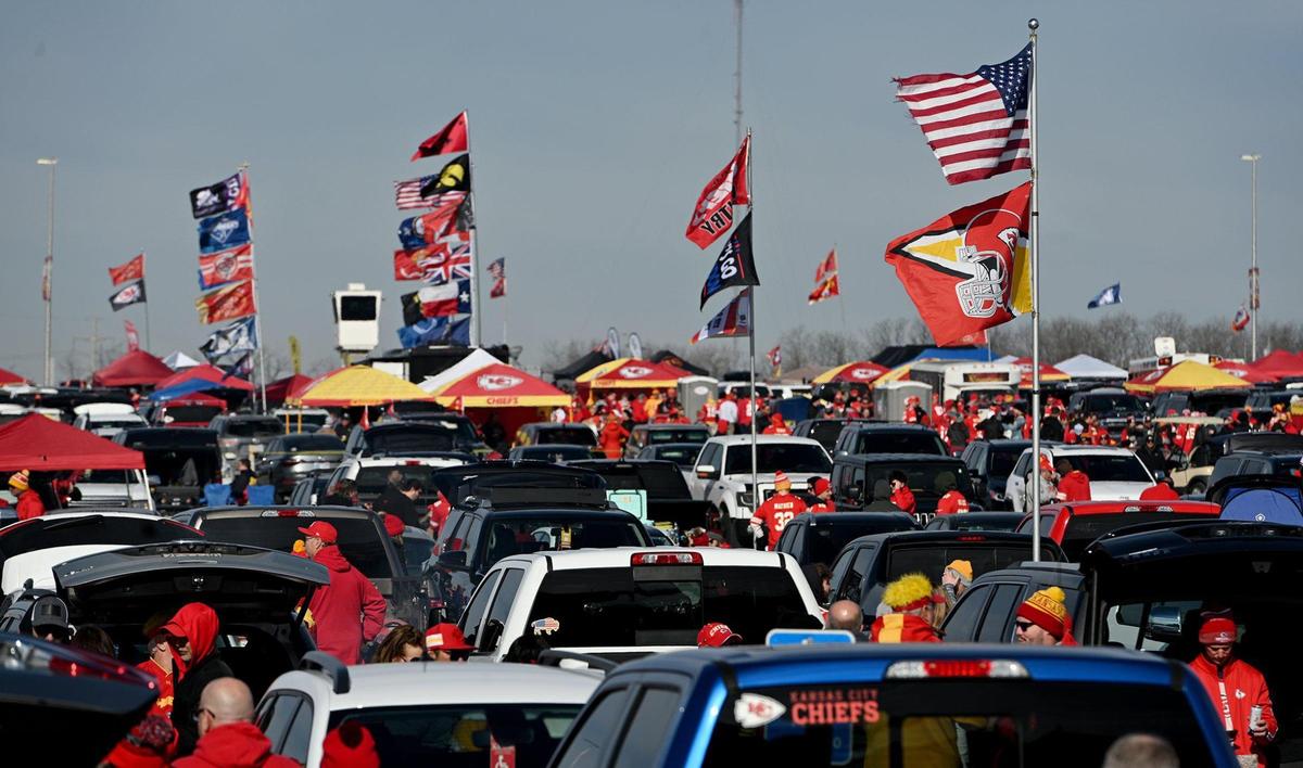 Hundreds of flags were flying by tailgaters before the start of the AFC Championship Game between the Kansas City Chiefs and the Cincinnati Bengals at GEHA at Arrowhead Stadium Sunday, Jan. 30, 2022.