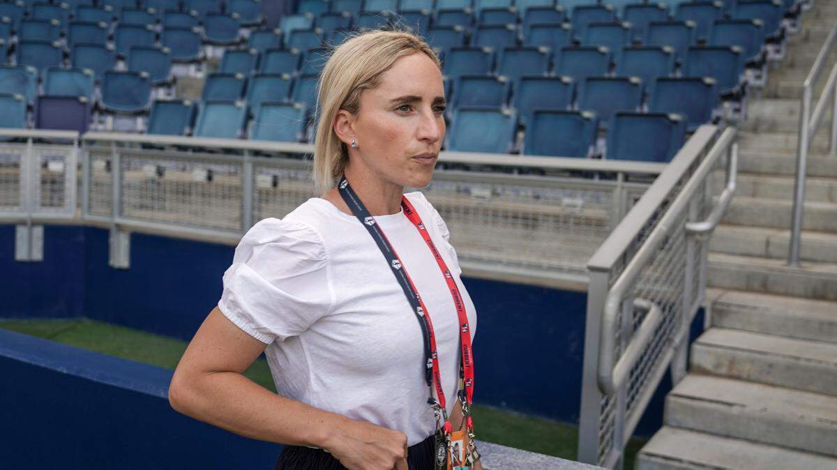 KC Current general manager Camille Ashton enters the field against the Chicago Red Stars prior to the match at Children’s Mercy Park on June 18, 2022.