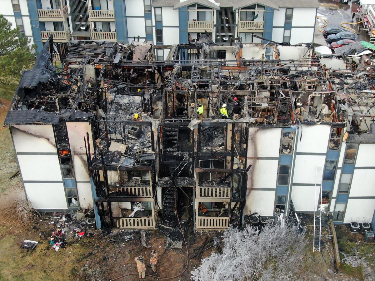 Firefighters battled a fire that destroyed an apartment building in the 19000 block of East 37th Terrace, north of the Independence Commons shopping center on Wednesday, Jan. 22, 2025.