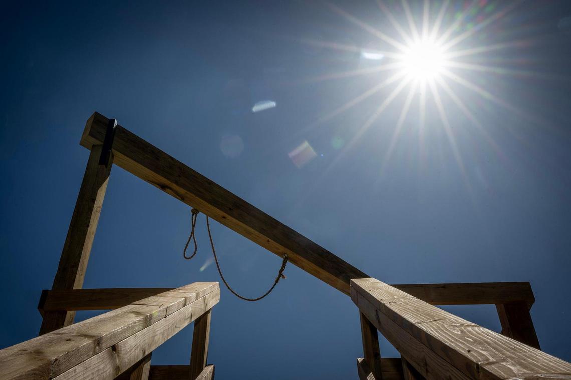 A noose hangs from reproduction of the gallows, which were used at the former Kansas State Penitentiary from 1944 to 1965, and were seen during a tour of the prison on Friday, May 16, 2025, in Lansing, Kansas. The reproduction was built by members of the Historical Society.