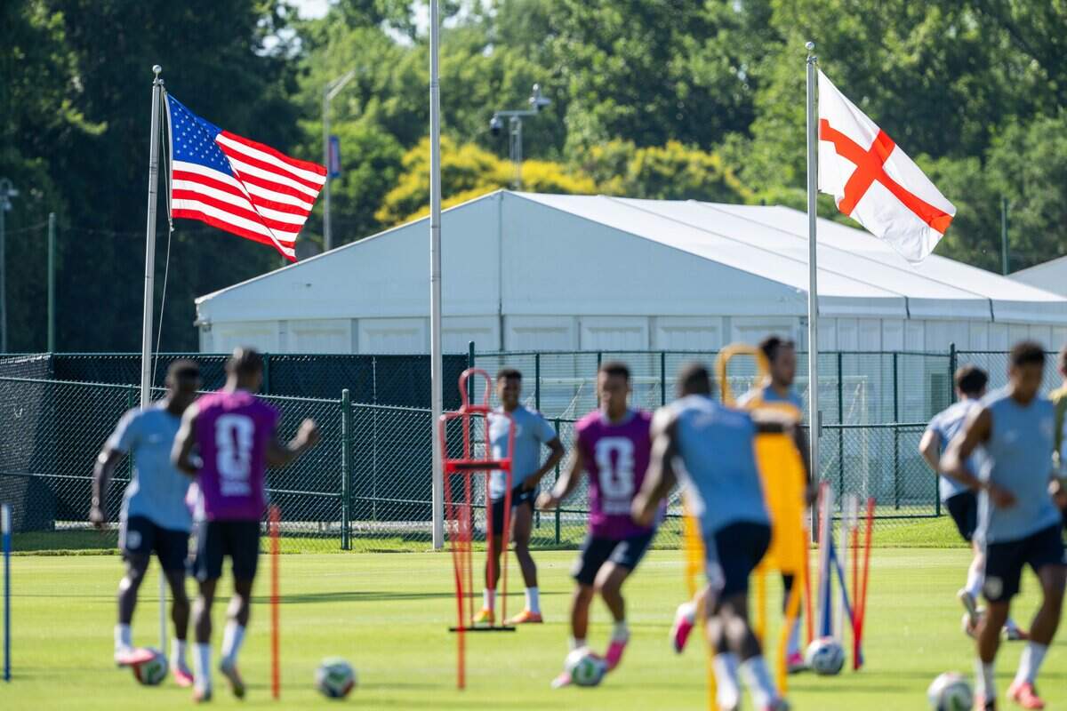 England's national team practices on Victory Field at Swope Soccer Village, Saturday, June 13, 2026, in Kansas City. The team will call Prairie Village home during the World Cup.