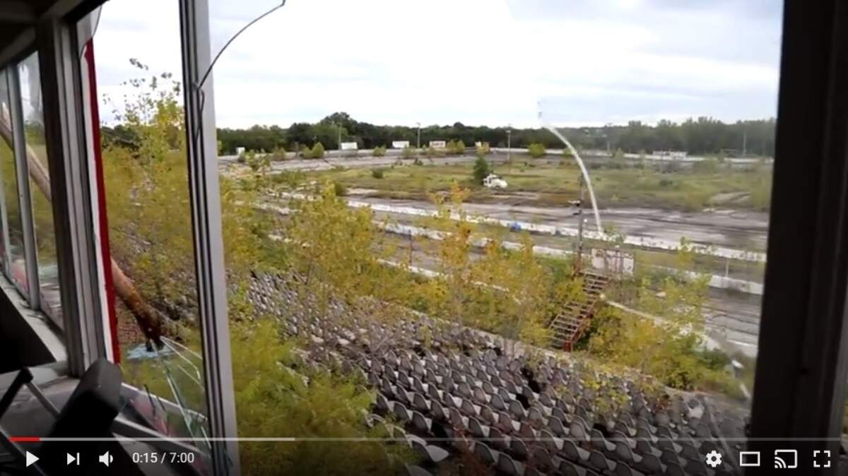 Reminiscent of a scene from a post-apocalyptic Hollywood film, this screen grab from YouTube user "Sublunar" shows the state of disrepair that the I-70 Speedway had fallen into in recent years.