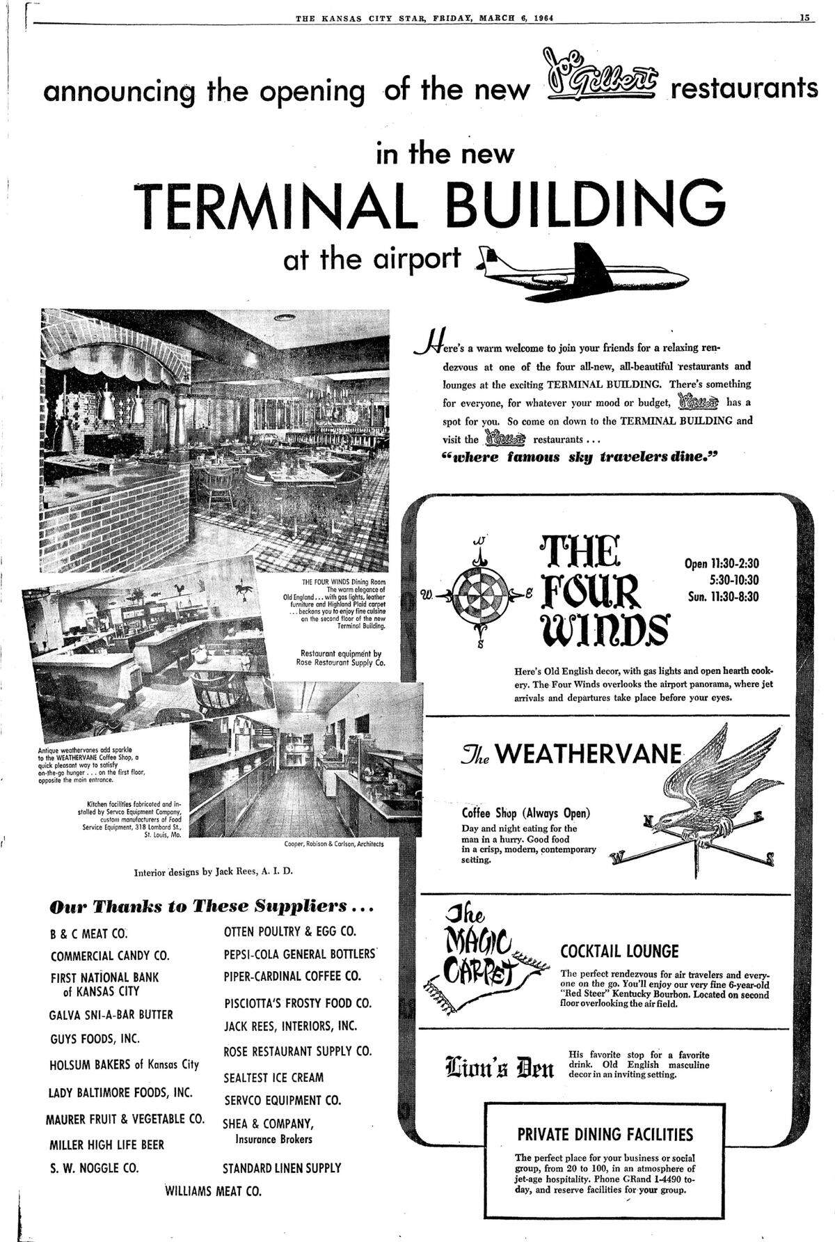 The Four Winds’ kitchen supplied food not only for the airport lounges, but also for 1,500 to 2,500 in-flight meals per day. This is a 1964 ad in The Star.