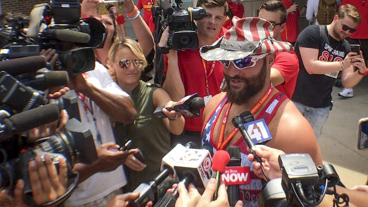In what has become a camp tradition, Kansas City Chiefs fullback Anthony Sherman revealed the inspiration for his outfit this year came from his wife as he and other experienced players arrived at training camp for the Kansas City Chiefs at Missouri Western State University on Wednesday, July 25 2018, in St. Joseph, Montana.